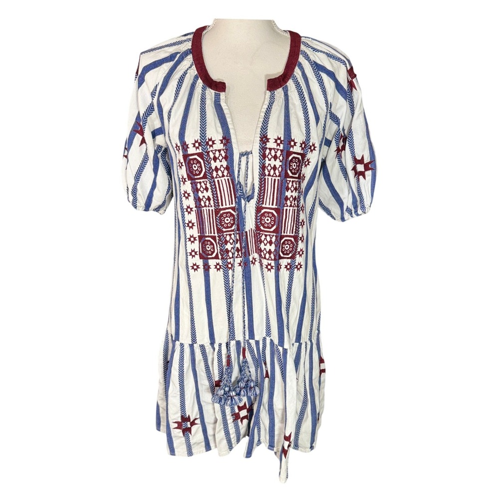 Figue Bria Blue White Striped Red Embroidered Tassel Mini Dress Large Boho READ